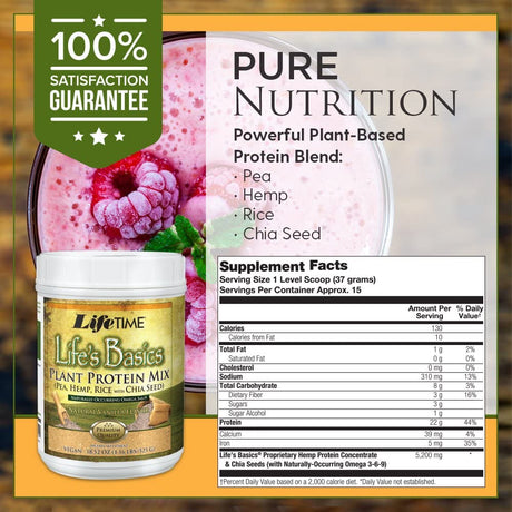 LIFETIME Lifes Basics Plant Based Protein Powder | Natural Vanilla, Vegan | Gluten Free, No Artificial Sweeteners, Flavors or Preservatives | 1.22Lb