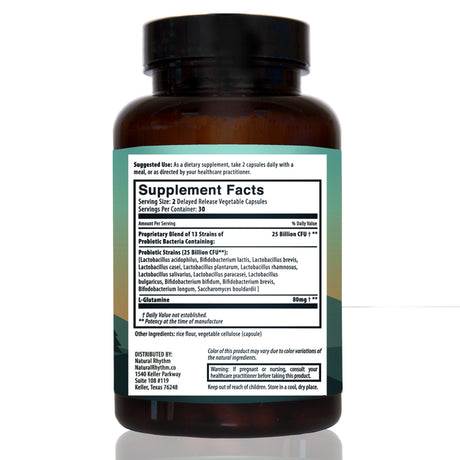 Natural Rhythm Digestive Calm Probiotic (Plus L-Glutamine) 25 Billion CFU and 13 Strains. - 60 Vegetarian Capsules.