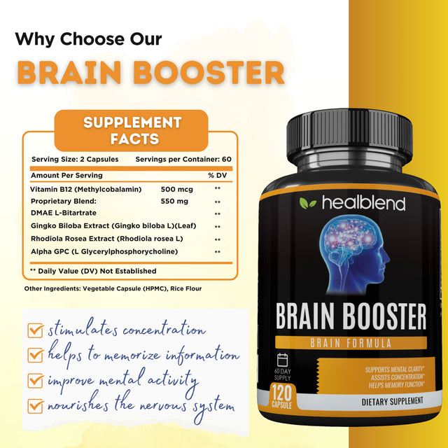 Healblend Brain Booster Supplement - Supports Mental Clarity, Concentration & Memory Function with Ginkgo Biloba, DMAE, Vitamin B12, Rhodiola, Alpha GPC - 120 Capsules 2-Pack