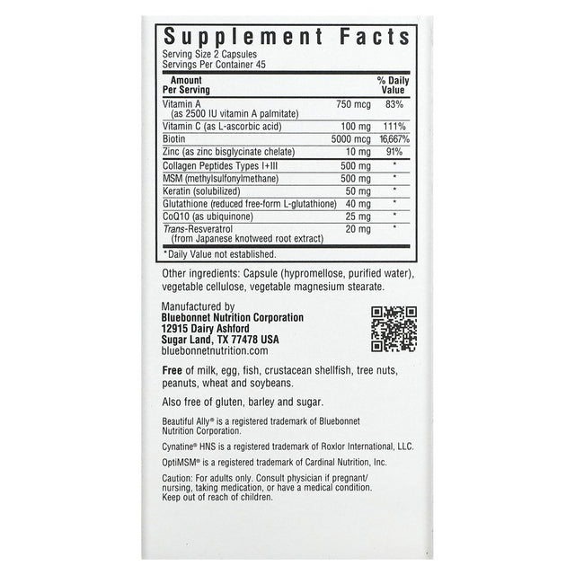 Bluebonnet Nutrition Beautiful Ally, Hair, Skin & Nails, 90 Vegetable Capsules