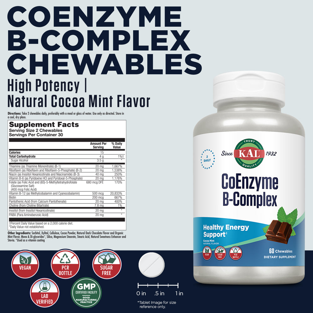 KAL Coenzyme B-Complex Chewables | Sugarless Natural Cocoa Mint Flavor ...