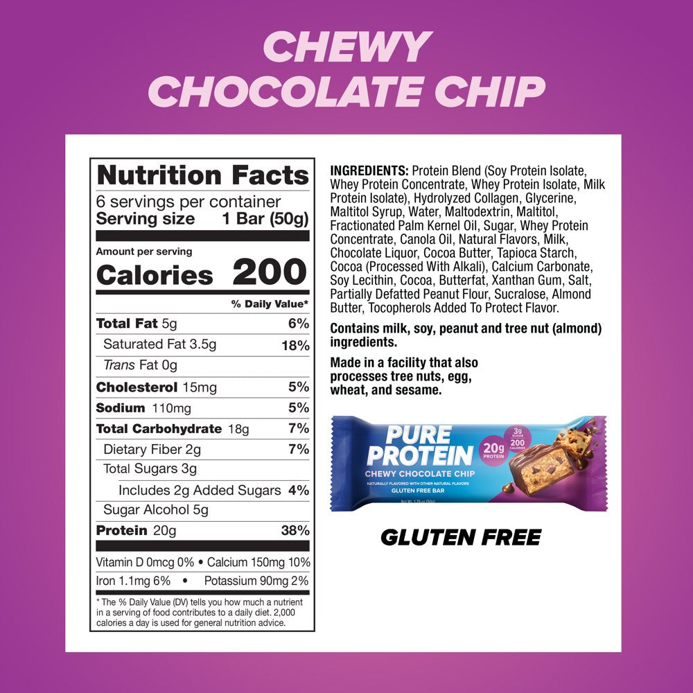 Pure Protein Bars, Chewy Chocolate Chip, 20G Protein, 1.76 Oz, 6 Ct ...