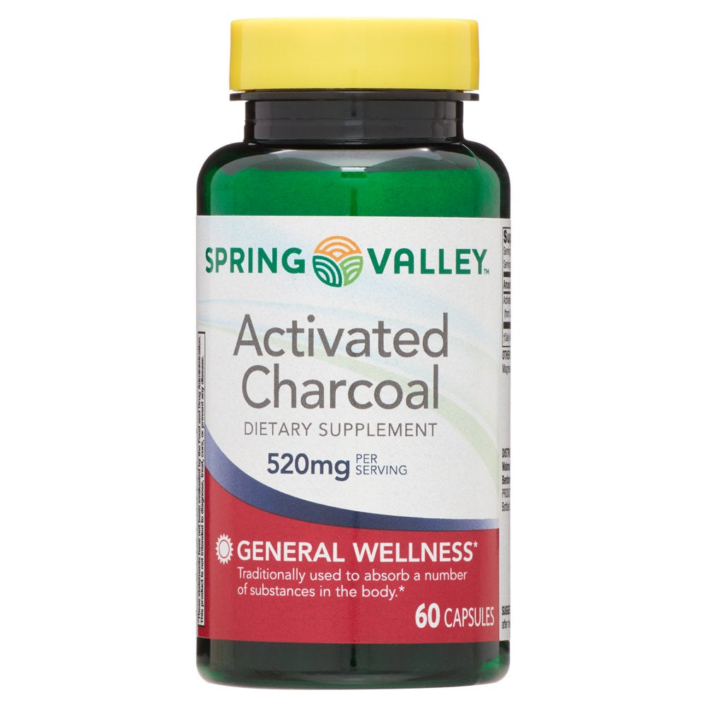 Spring Valley Activated Charcoal Capsules, Dietary Supplement, 520Mg ...