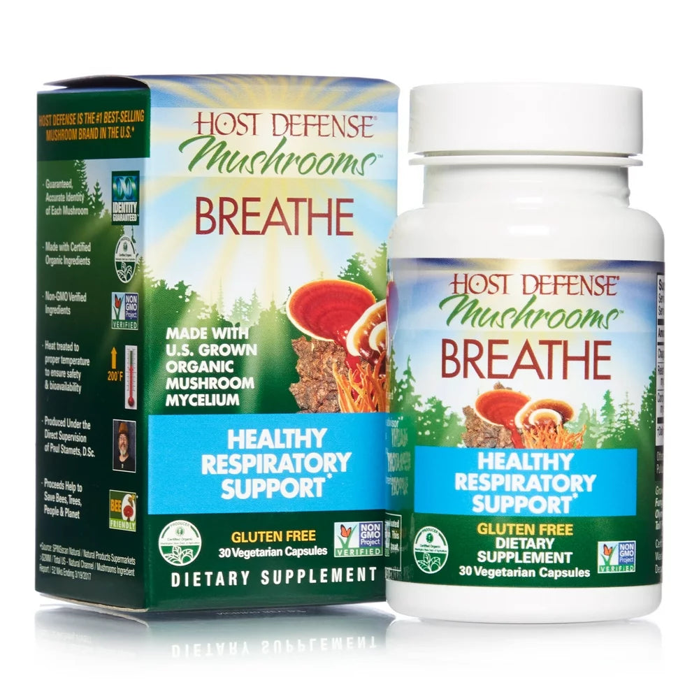 Host Defense, Breathe Capsules, Respiratory Support, Mushroom Supplement with Cordyceps, Reishi and Chaga, Unflavored, 30