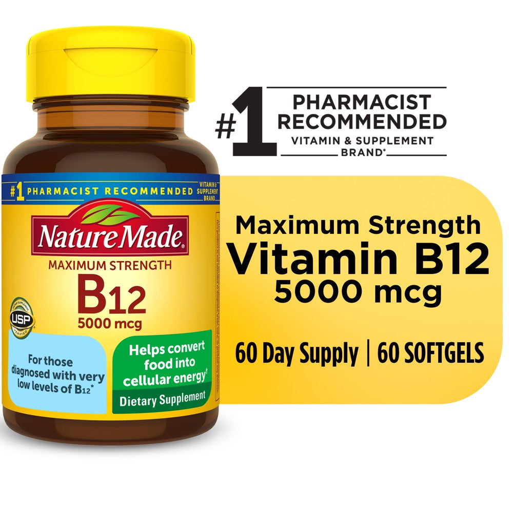 Nature Made Maximum Strength Vitamin B12 5000 Mcg Softgels, Dietary Supplement, 60 Count
