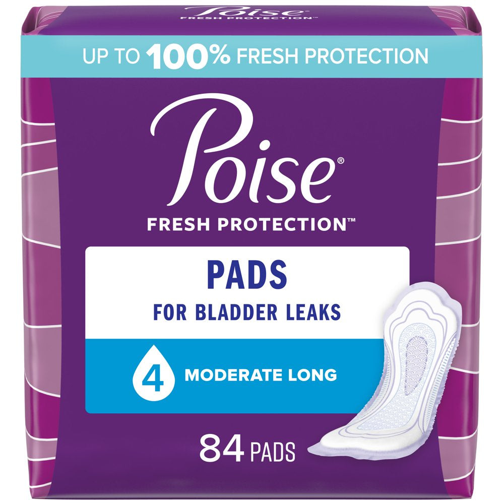 Poise Incontinence Pads for Women, 4 Drop, Moderate Absorbency, Long, 84Ct