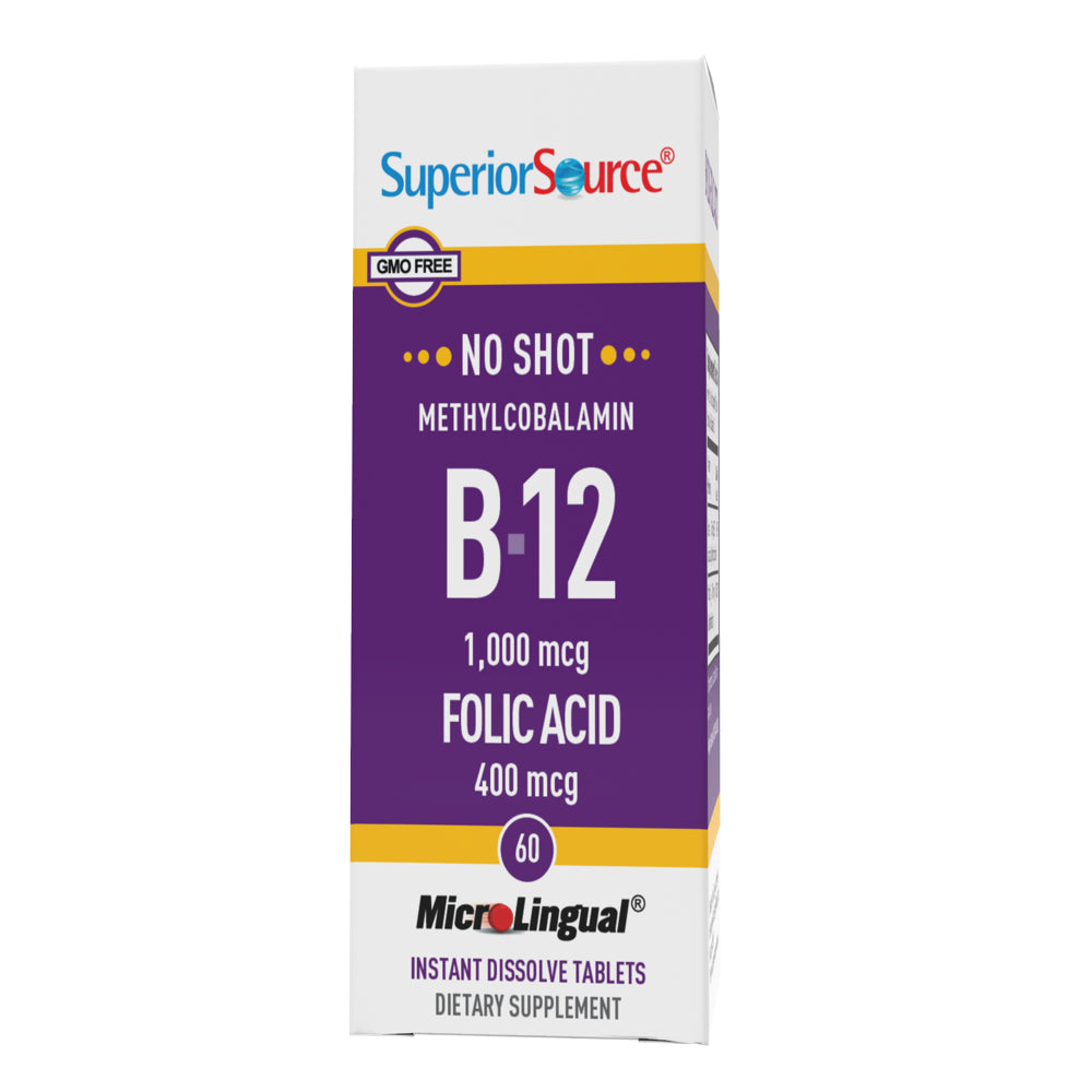 Superior Source No Shot Vitamin B12 Methylcobalamin (1000 Mcg), Folic Acid (400 Mcg) Instant Dissolve Tablets 60 Count Dietary Supplement