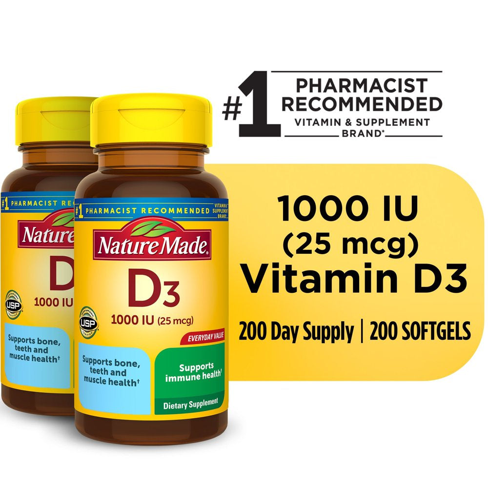 Nature Made Vitamin D3 1000 IU (25 Mcg) Softgels, Dietary Supplement for Bone and Immune Health Support, 200 Count, Twin Pack
