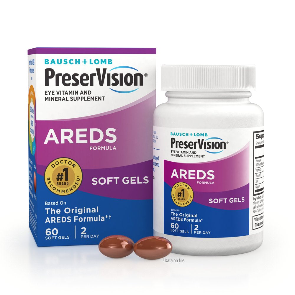 Bausch + Lomb Preservision AREDS Eye Vitamin & Mineral Supplement Tablets, 60 Count Bottle (Soft Gels)