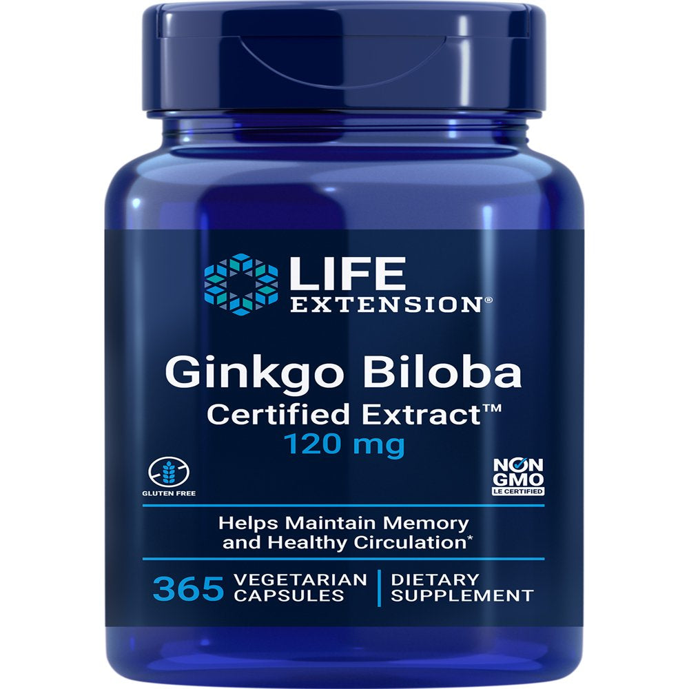 Life Extension Ginkgo Biloba Certified Extract™, 120 Mg - Helps Promote Healthy Memory & Cognitive Function - Gluten-Free, Non-Gmo - 365 Vegetarian Capsules