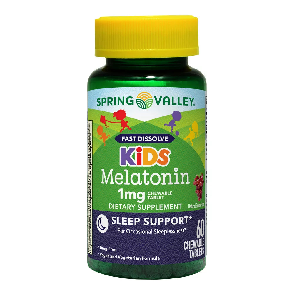 Spring Valley Kids Melatonin Chewable Tablets Dietary Supplement, Grape Flavor, 1 Mg, 60 Count