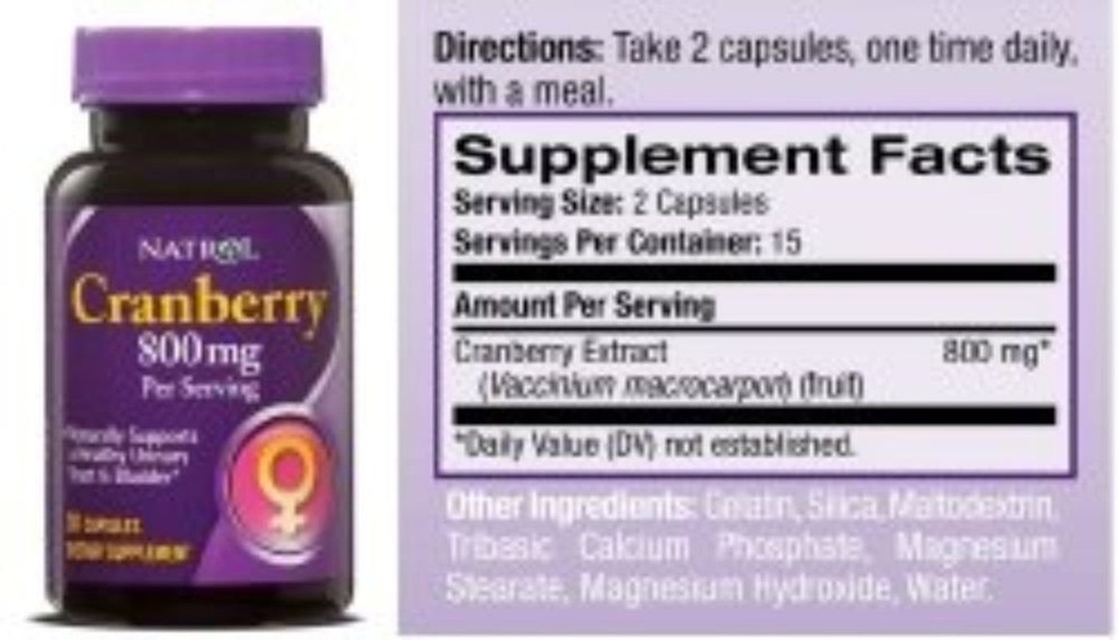 Cranberry Dietary Supplement Natrol 800 Mg per Serving Capsule 30 per Bottle