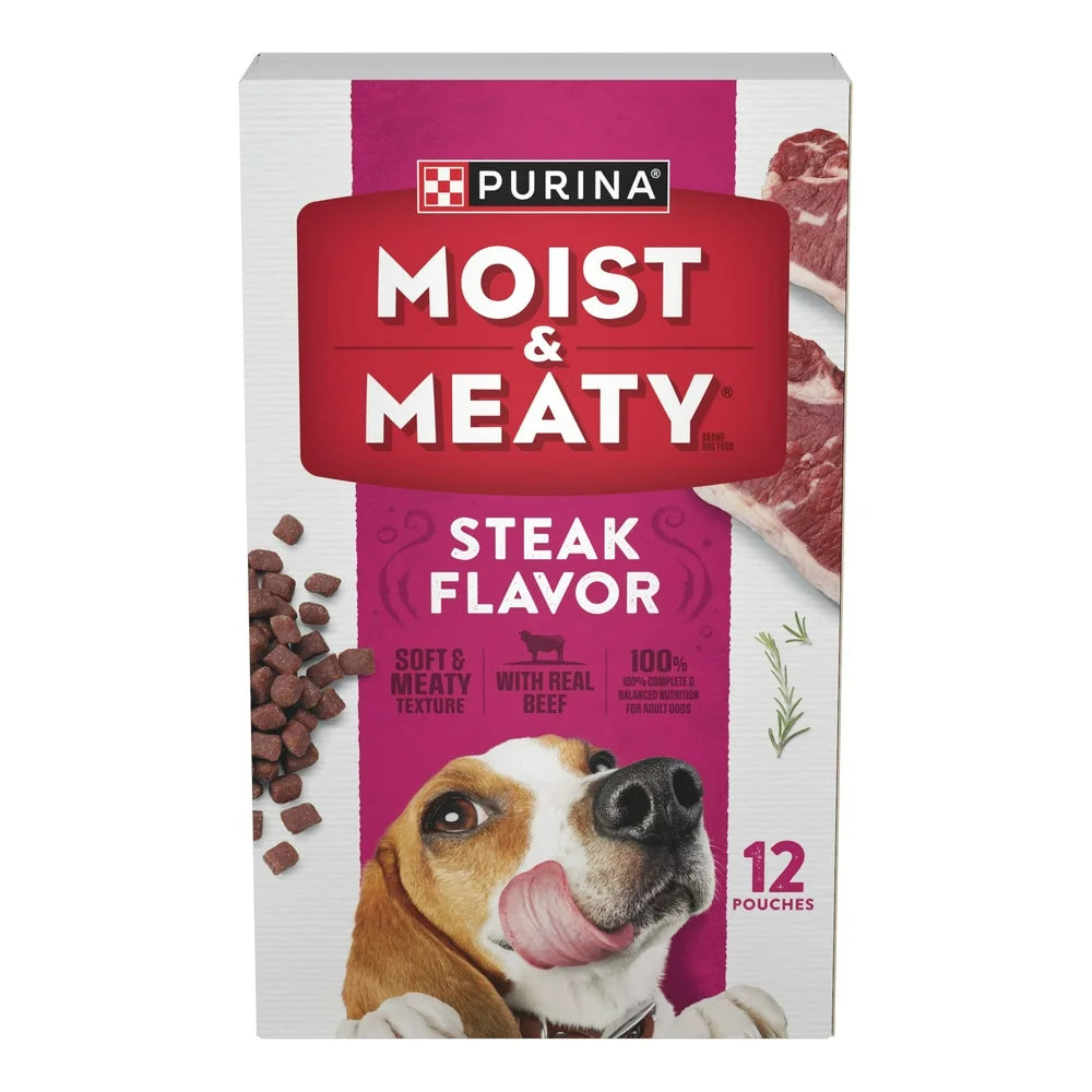 Purina Moist and Meaty Soft Dog Food, Steak Flavor, Wet Dog Food, 6 Oz Pouches (12 Pack)