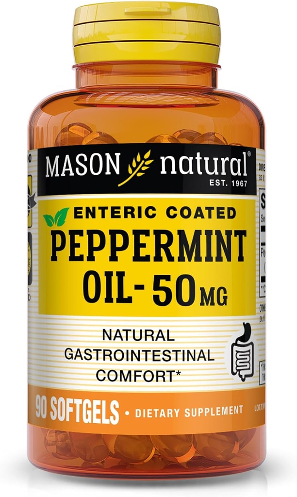 MASON NATURAL Peppermint Oil 50 Mg Enteric Coated - Natural Gastrointestinal Comfort, Supports a Healthy Gut, Bowel Soothing Dietary Supplement, 90 Softgels.