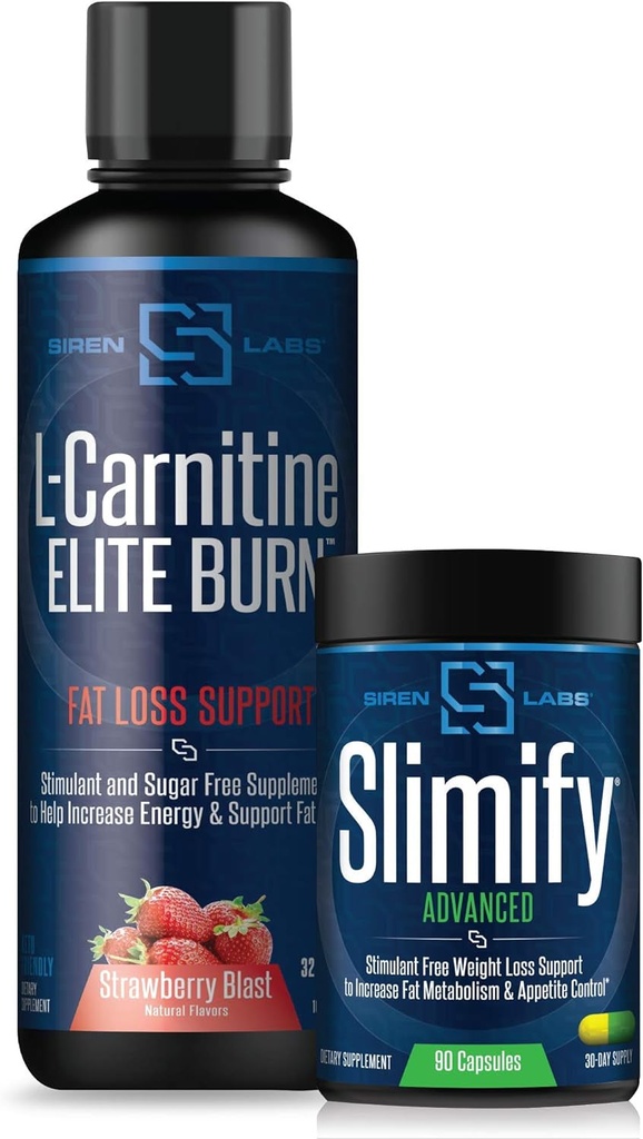 Siren Labs Slimify Advanced Fat Burner for Weight Loss - Stim Free (90 Capsules) & Siren Labs L-Carnitine Elite Burn Fat Loss Support Strawberry Blast 3000Mg (32 Servings)