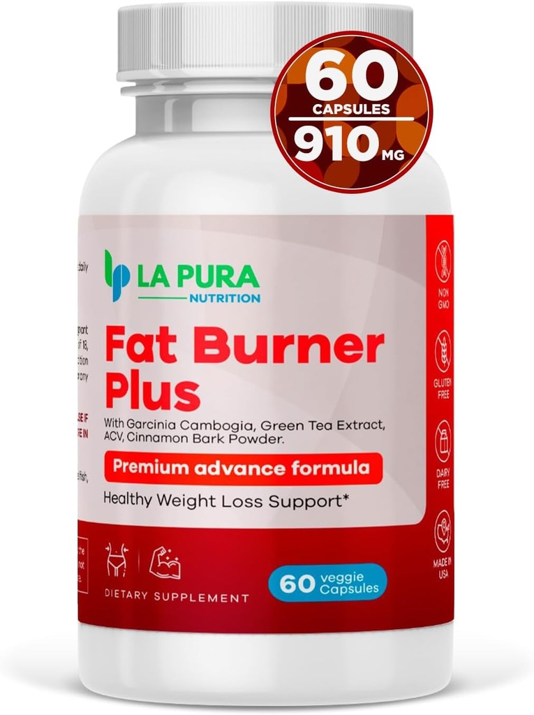 Lapura Fat Burner Plus, 60 Capsules - Weight Loss Support, Appetite Suppressant, Energy Booster, Premium Formula - Green Tea & Green Coffee Bean Extract, Cinnamon Bark Powder - Non-Gmo, Made in USA