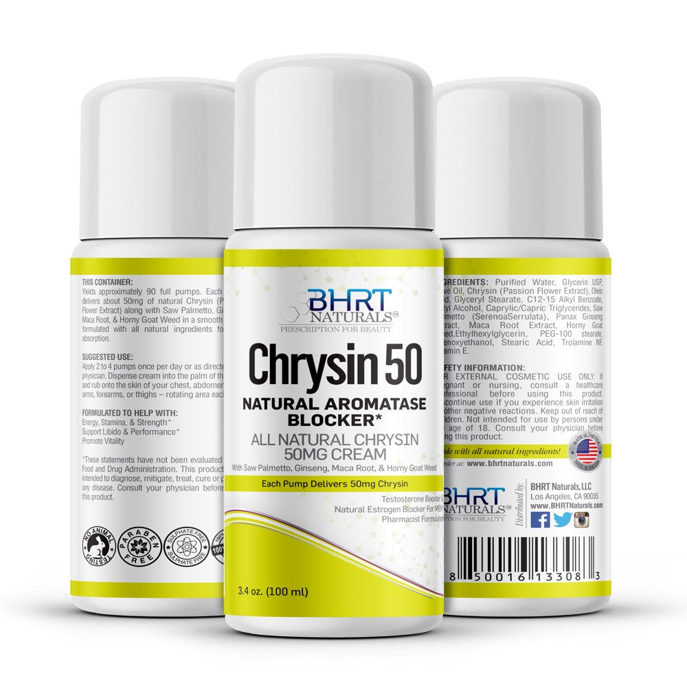 Chrysin Cream 50Mg for Men - Natural Aromatase Inhibitor - anti Estrogen Blocker Supplement - Testosterone Booster for Men - Support Hormone Balance - 90 Day Supply, USA Made, Pharmacist Formulated