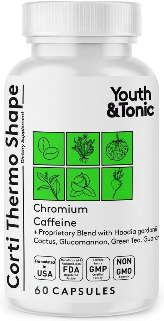 Corti-Thermo Shape 60 Capsules Advanced Diet Pills as Support for Energy Metabolism Focus Cravings for Men and Women with Caffeine Chromium Glucomannan Guarana Hoodia Gordonii I