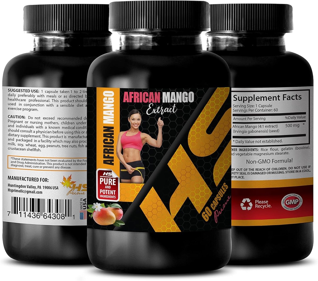 African Mango Extract Pills - AFRICAN MANGO EXTRACT 500 - Appetite Suppressant for Men, Fat Burner Pills, Energy Supplements, Organic Immune Support for Both, Mood Booster - 1 Bottle 60 Capsules