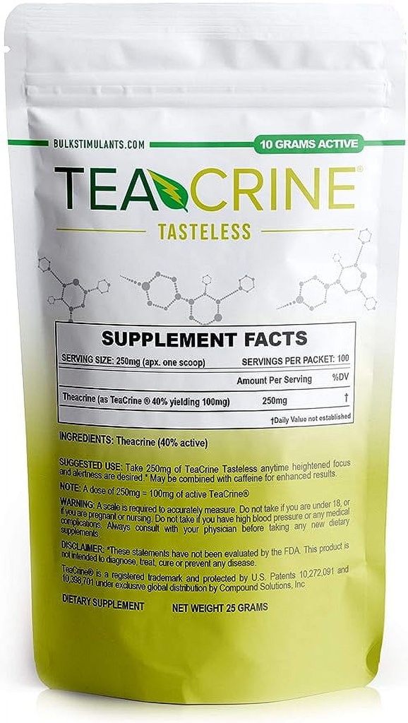 TEACRINE Tasteless Powder: Theacrine Supplement, Nootropic Stimulant Free for Energy Motivation Endurance & Focus, 100 Servings