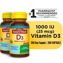 Nature Made Vitamin D3 1000 IU (25 Mcg) Softgels, Dietary Supplement for Bone and Immune Health Support, 200 Count, Twin Pack